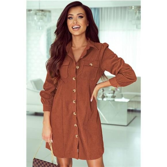 Women's Corduroy Long Sleeve Button-Down Tunic Dress with Pockets - Picture 2 of 7